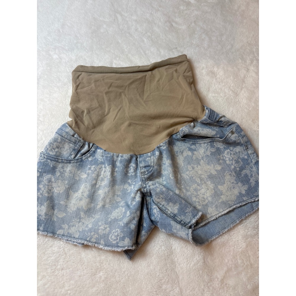 Wallflower Maternity Floral Denim Shorts Light Wash Full Belly Band Blue Small